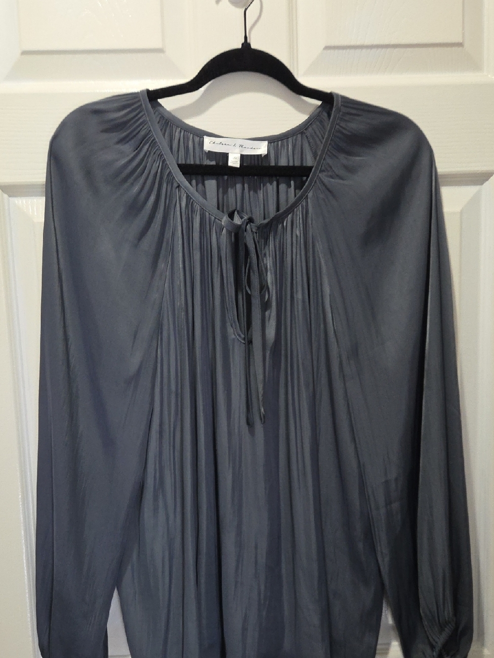 Chelsea & Theodore Slate Gray Long-Sleeve Pleated Peasant Blouse